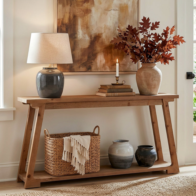 Console en bois massif de 63 pouces de long, canapé étroit à 2 niveaux pour le salon et le vestibule, Brun
