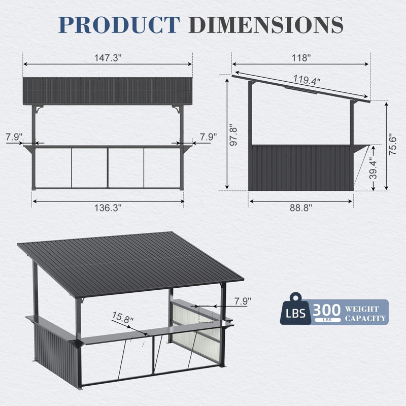 Bar 10 pi x 12 pi avec toit rigide pour abri de barbecue et comptoir intégré pour la terrasse