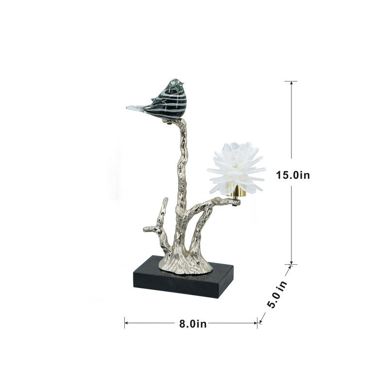 Nature-Inspired Table Centerpiece Candle Holder – 15" Silver Bird on Branch with Black Marble Base for Spring Farmhouse Decor