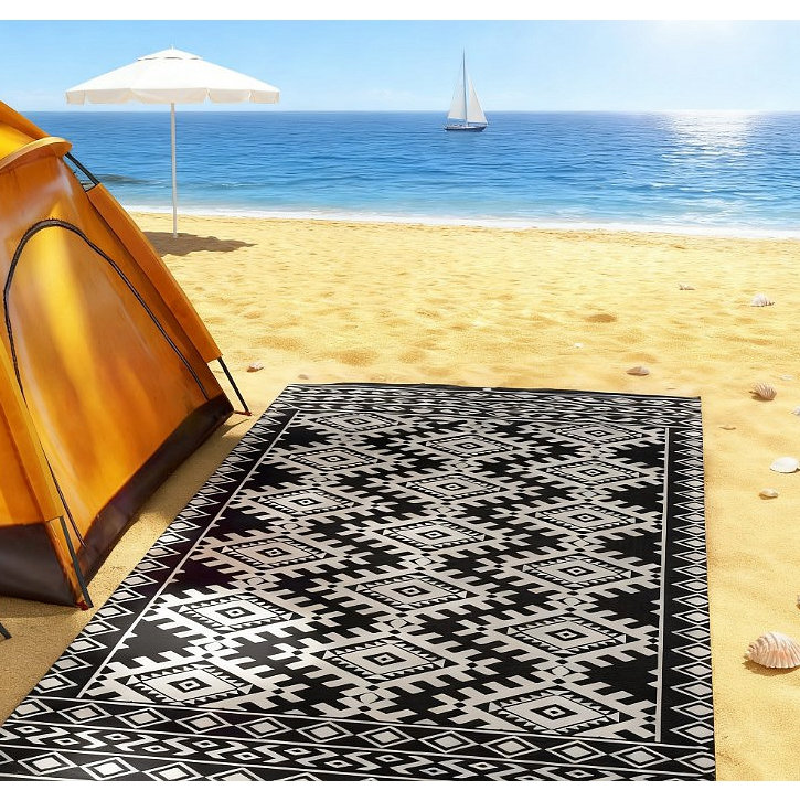 Tapis d'extérieur pour le patio pour la décoration, tapis réversible, tapis de camping extérieur portable, Noir / blanc