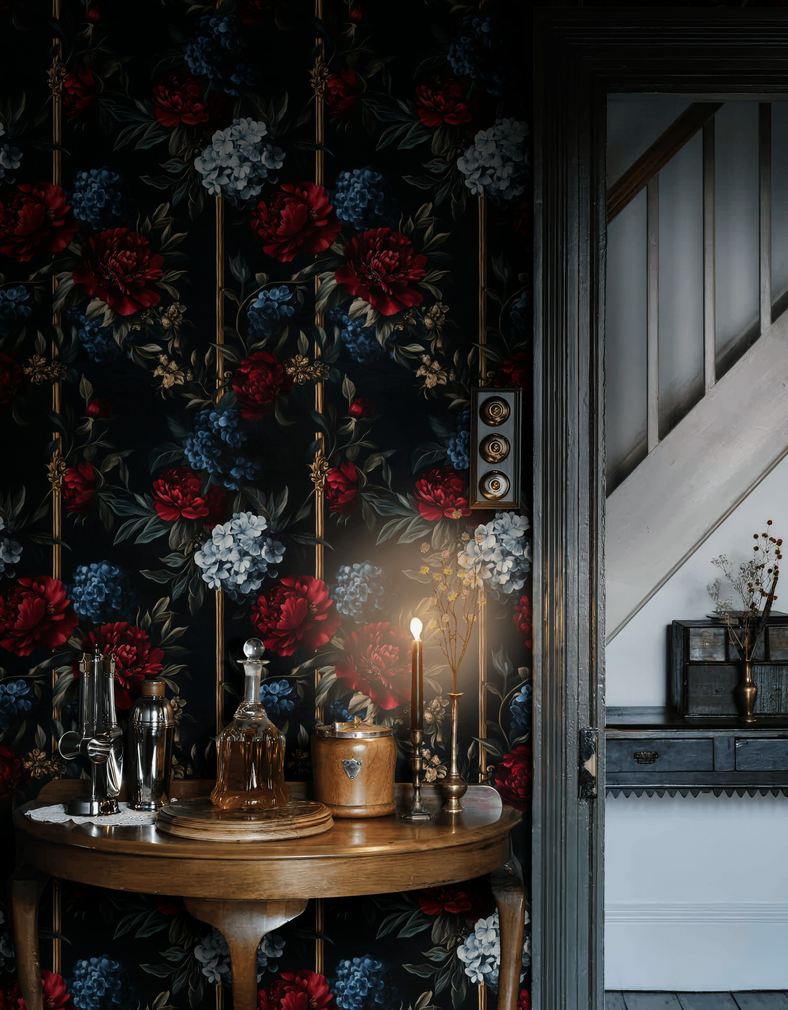 Lark Manor Dark Floral Wallpaper | Red and Blue Flower Wall Mural ...