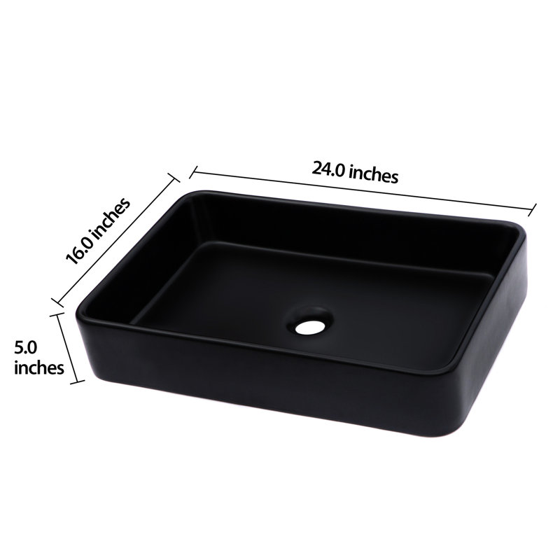 Lavabo de salle de bain vasque rectangulaire en céramique noire 24 po x 16 po - Qualité, faible absorption d'eau, pour bureau moderne, lisse et poli, teinture, diverses utilisations
