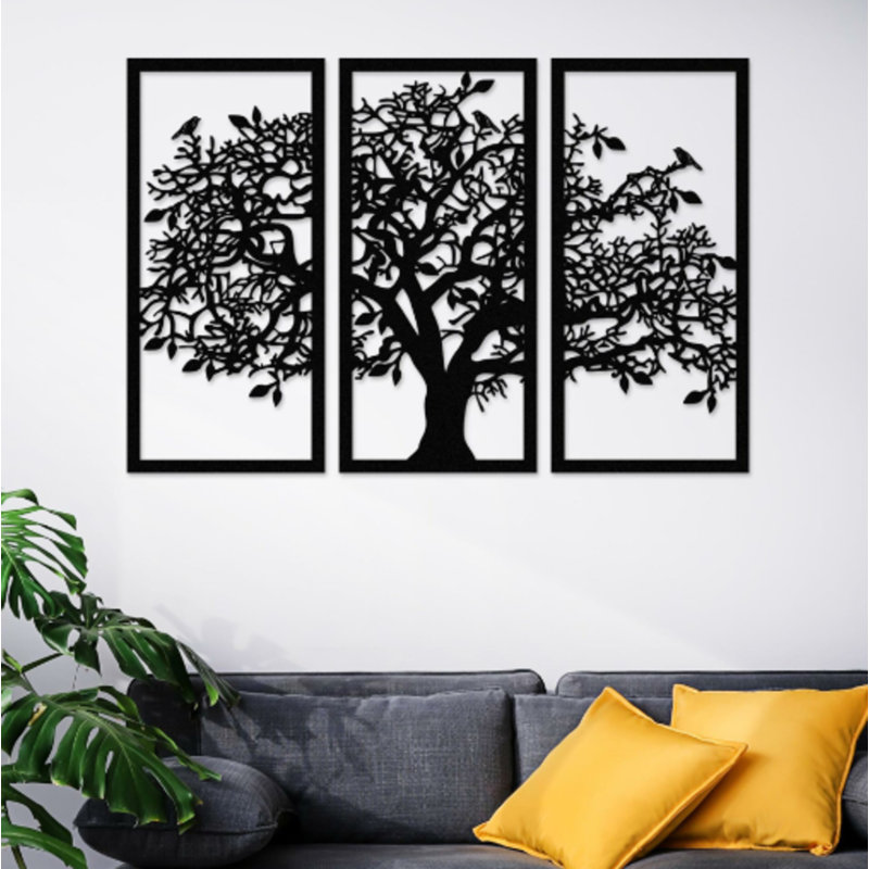 Triple Tree And Birds Metal Wall Painting