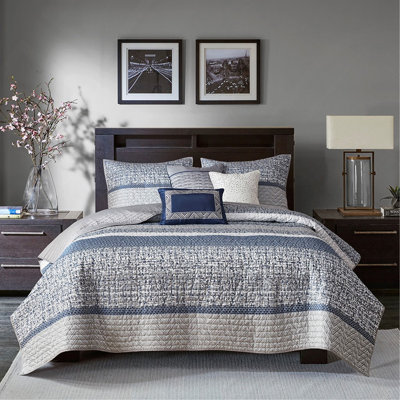 Ensemble de courtepointe réversible jacquard 6 pièces avec coussins décoratifs, bleu marine, King/Cal King
