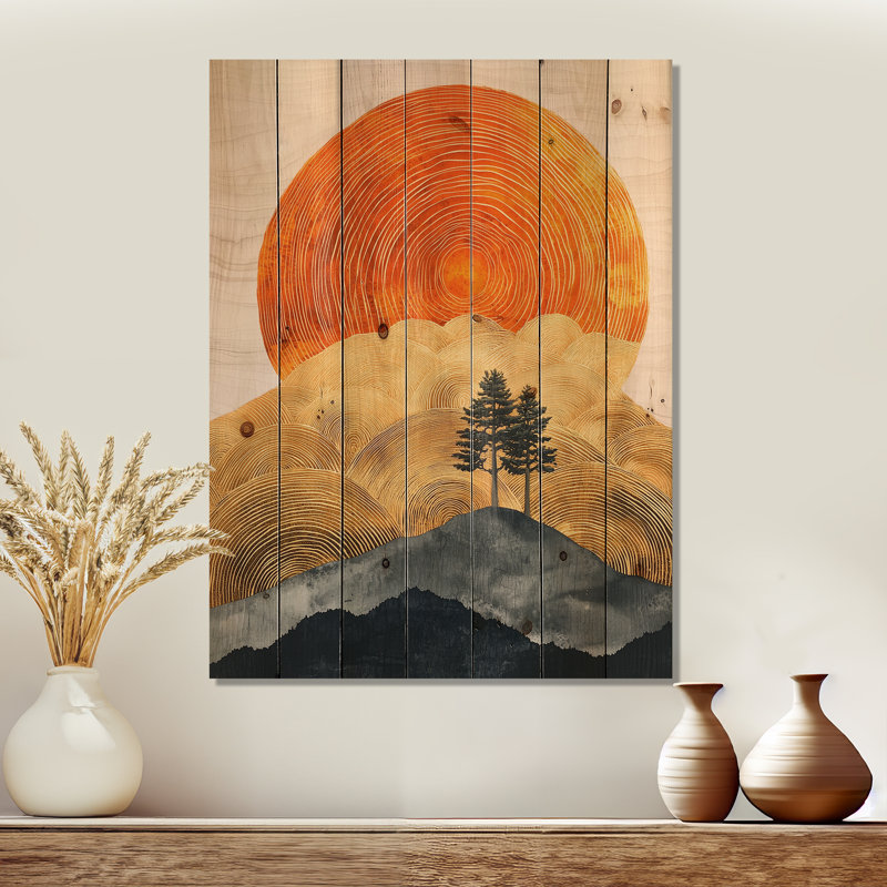 Sunrise Tree In African Field Landscape II - Forest Wood Print - On Natural Pine Wood, 44" H x 34" W x 0.78" D