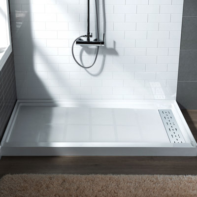 60" W x 30" D  Solid Surface Single Threshold Shower Pan Base with Drain Assembly & Drain Cover Included, Non-Slip