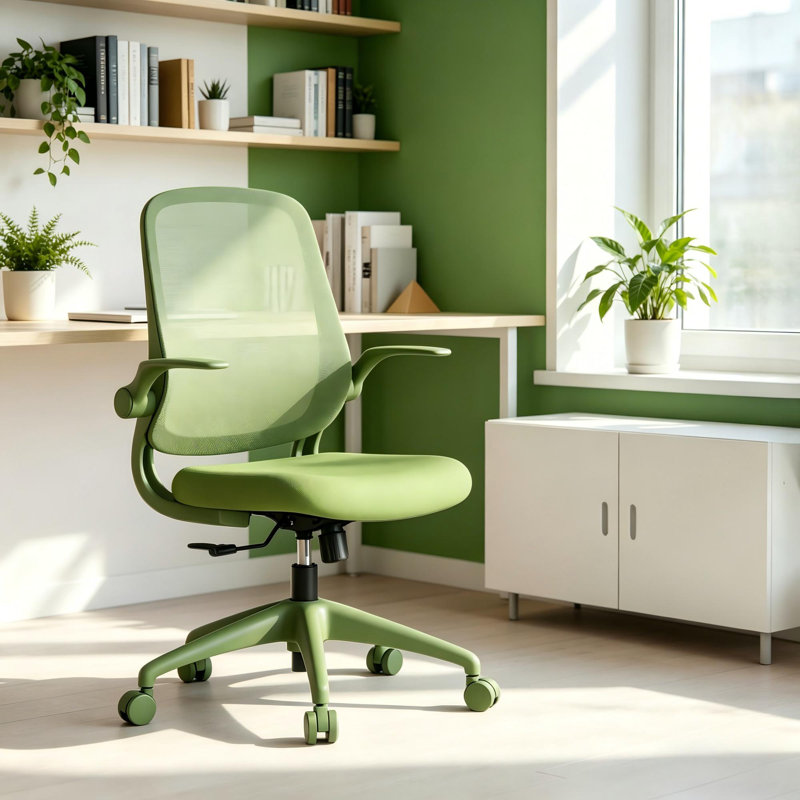 Chaise de travail ergonomique en filet avec accoudoirs rabattables et support lombaire pour petits espaces, Vert olive