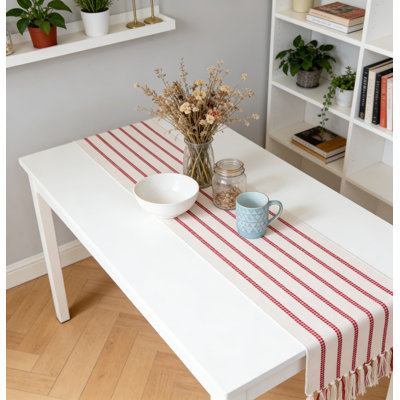 Table Runner With Tassels, Cotton Linen Blend Woven Textured Stripe Pattern For Modern Rustic Farmhouse Dining Table Kitchen Home Decor
