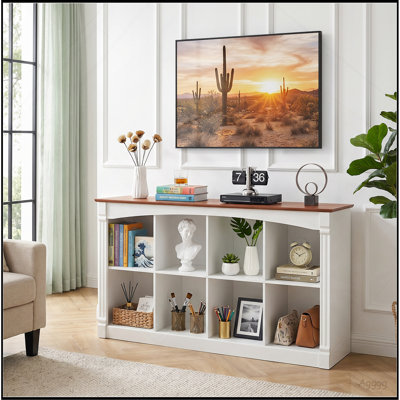8-Cube Storage Organizer, Two-Tone Wood 2-Tier Cube Bookcase with Decorative Moldings, Horizontal Open Cubby Display Shelf Unit, Low Bookshelf Console