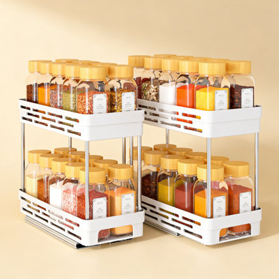 Pull Out Spice Rack Organizer For Cabinet, 2-Tier Slide Out Spice Rack With Smooth Ball Bearing Slides, Space-Saving Design Holds 10 Jars Per Tier, Easy No-Drill Installation (2 Pack)
