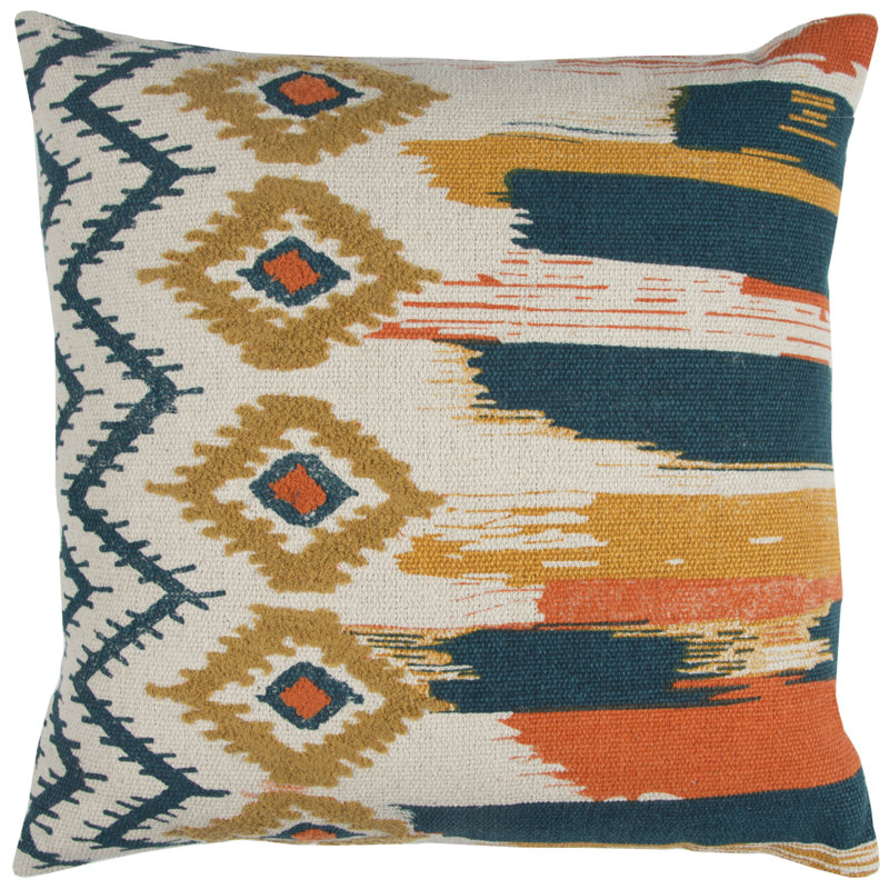 20" Square Navy and Gold Embroidered Ikat Cotton Pillow
