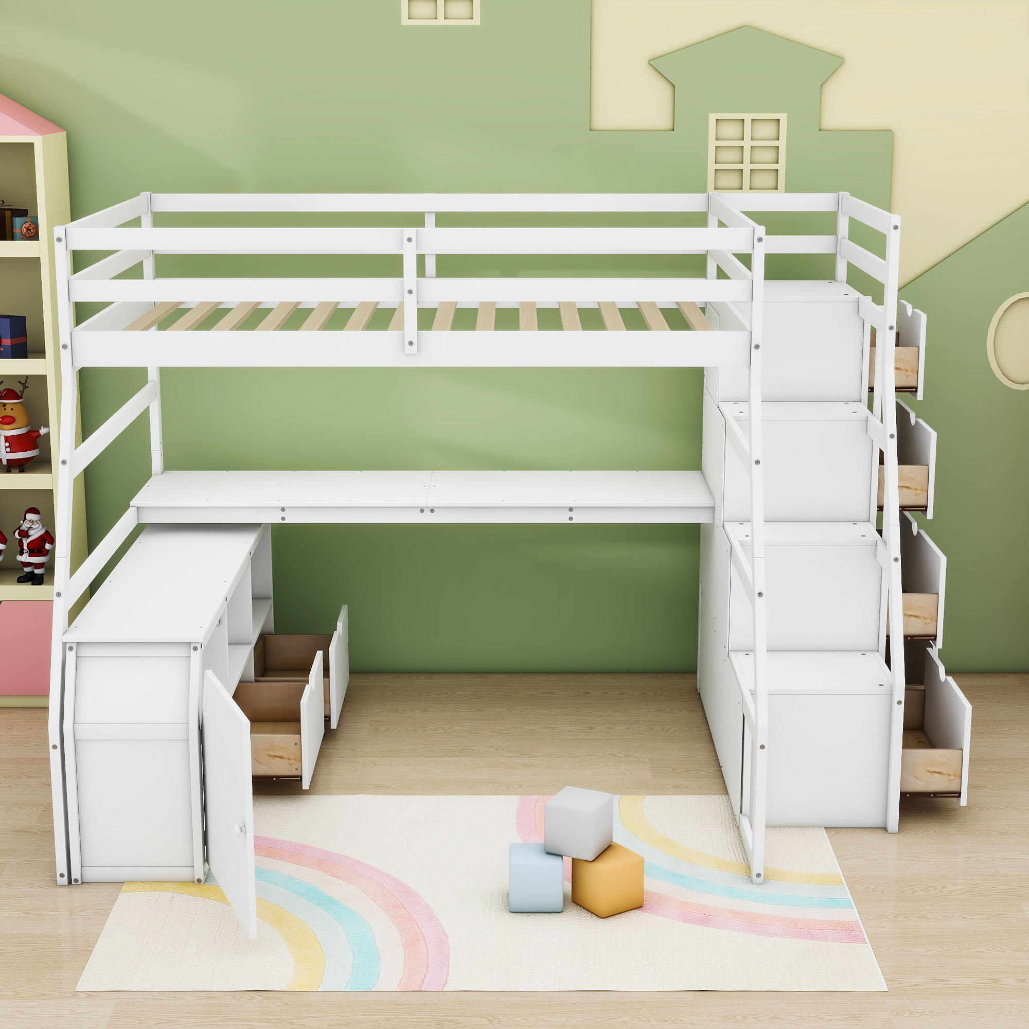 Harriet Bee Full Seven Drawers Loft Bed Built-In Desk And Shelves | Wayfair