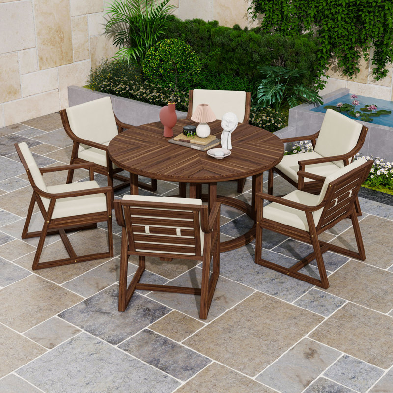 7-Piece Outdoor Dining Set with Round Hollow-Design Table, Cushioned Chairs and Umbrella Hole, Mocha