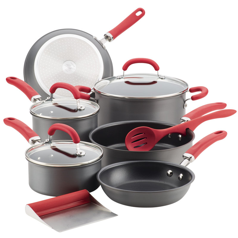 Rachael Ray Create Delicious Hard Anodized Nonstick Cookware Induction Pots and Pans Set, 11 Piece, Gray/Red