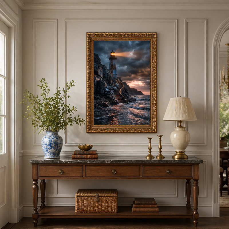 Art sur toile, Phare éclairé sur des falaises rocheuses avec marches en pierre, H 30 po x l 20 po