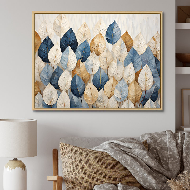 «Beige and Blue Minimalisme Leaves Collage I», art mural pour salon, H 30 po x l 40 po x P 1,5 po, Cadre naturel flottant