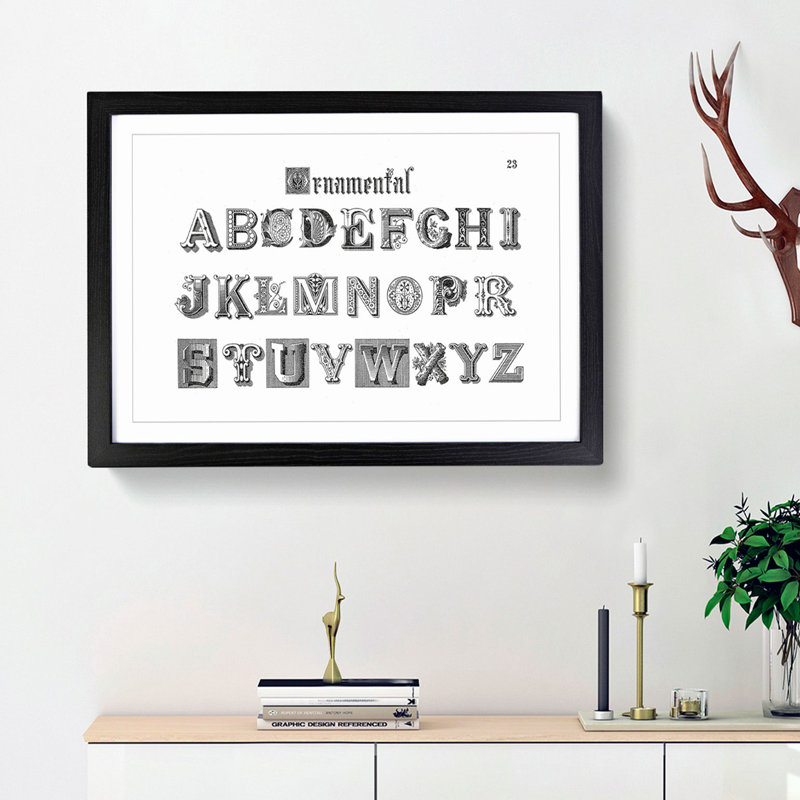 Ornamental Font Alphabet - Picture Frame Typography Print, Black Framed, 36cm H x 48cm W x 2cm D