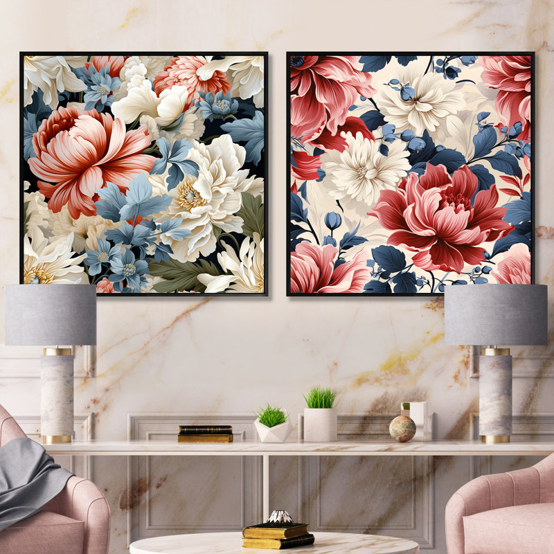 Pothier - Ensemble de 2 collages carrés floraux, Cadre flottant noir, H 16 po x l 33 po