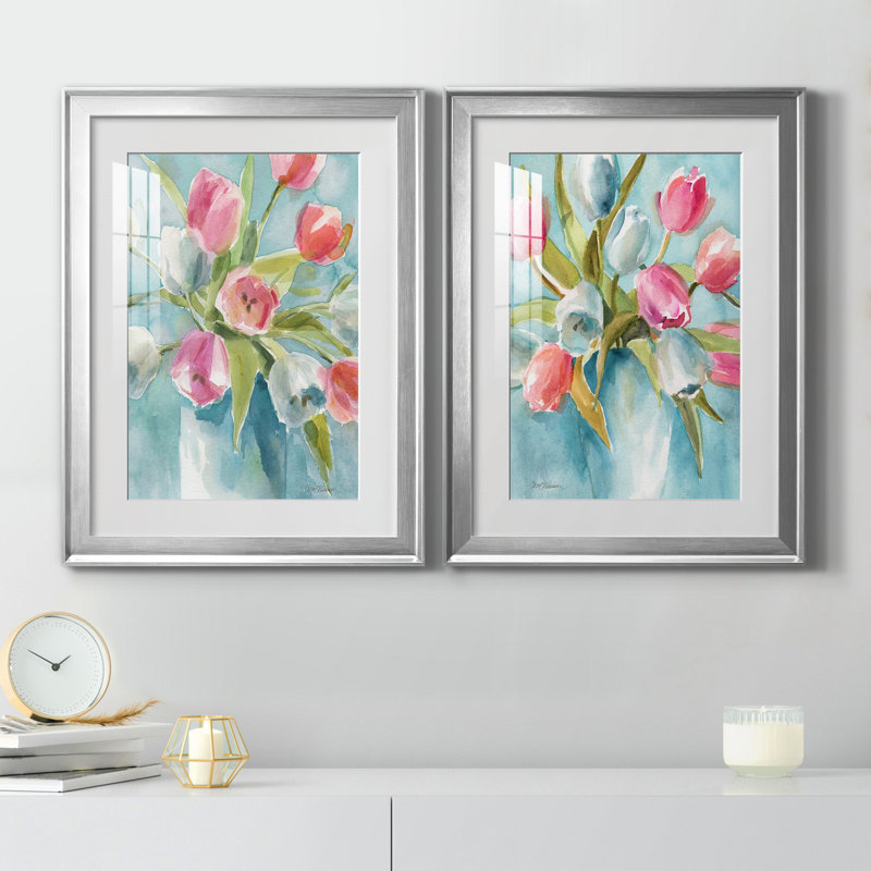 «Today's Tulips I», ensemble de 2 reproductions d'art, Blanc, Papier avec cadre argenté, H 18,5 po x l 49 po x P 1,5 po