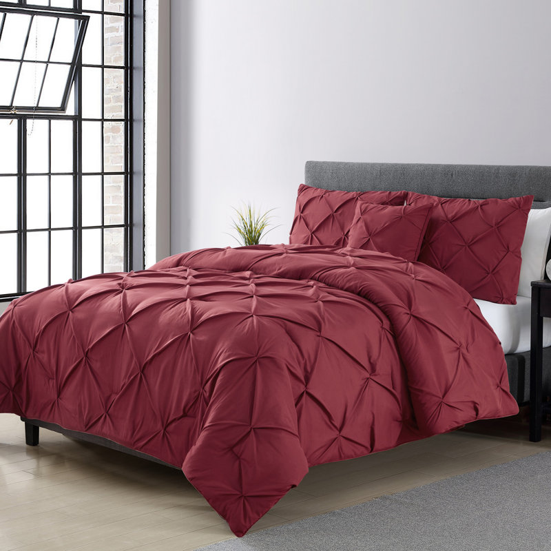 Carmen 3-Piece Pintuck Comforter Set, Burgundy, Queen Comforter + 2 Shams + 1 Throw Pillow