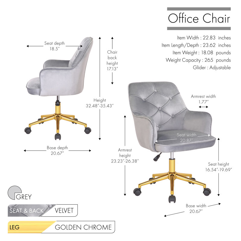 Chaise de bureau en velours Samatha, Velours gris