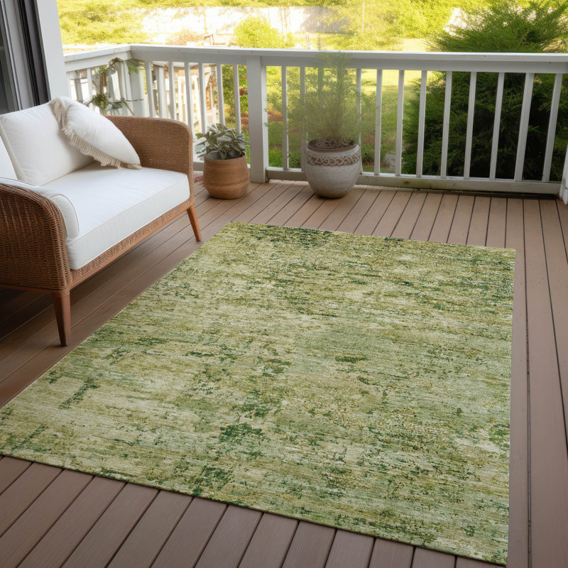 Machine Washable Green and Beige Synthetic Fern Rug