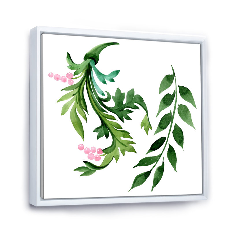 Feuilles vertes d'hiver sur fond blanc - peinture sur toile, H 30 po x l 30 po x P 1 po, Cadre flottant blanc