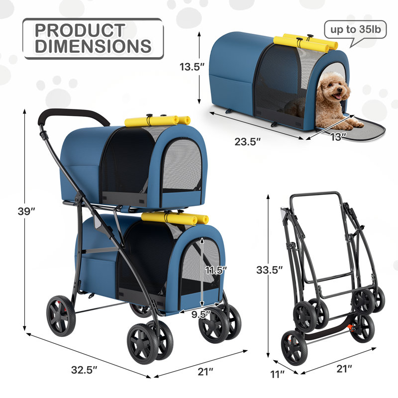 Foldable Pet Stroller with Double Detachable Carriers, Folding Dog Cat Jogger Stroller with Tether, Blue/Yellow