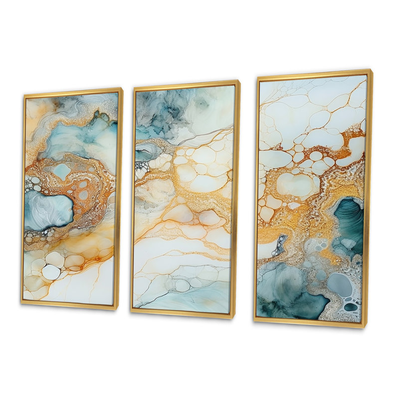 Turquoise et or liquide, ensemble de reproductions d'art mural en marbre, Cadre flottant doré, H 40 po x l 60 po x P 1 po