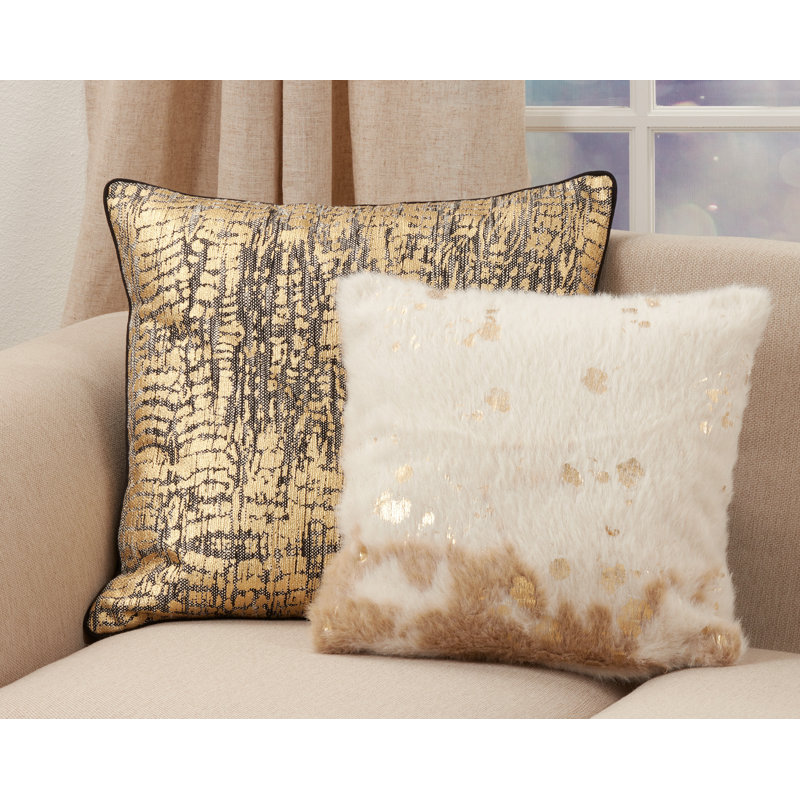 Ivory and Gold Faux Cow Hide Square Throw Pillow