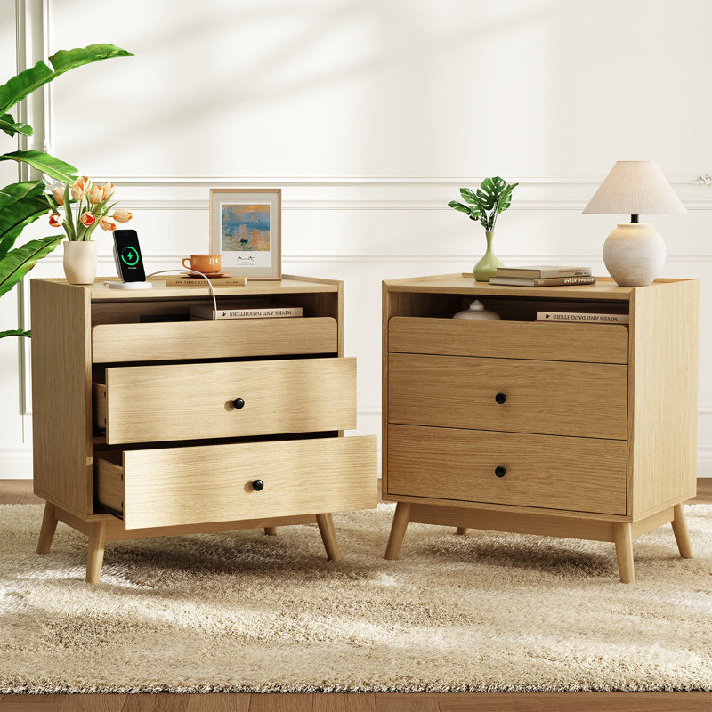 3 - Drawer Nightstand, 24“ W Wood Bedside Table With Built-In Outlets And Solid Wood Legs(Set Of 2), Ntuatral Wood, Set of 2