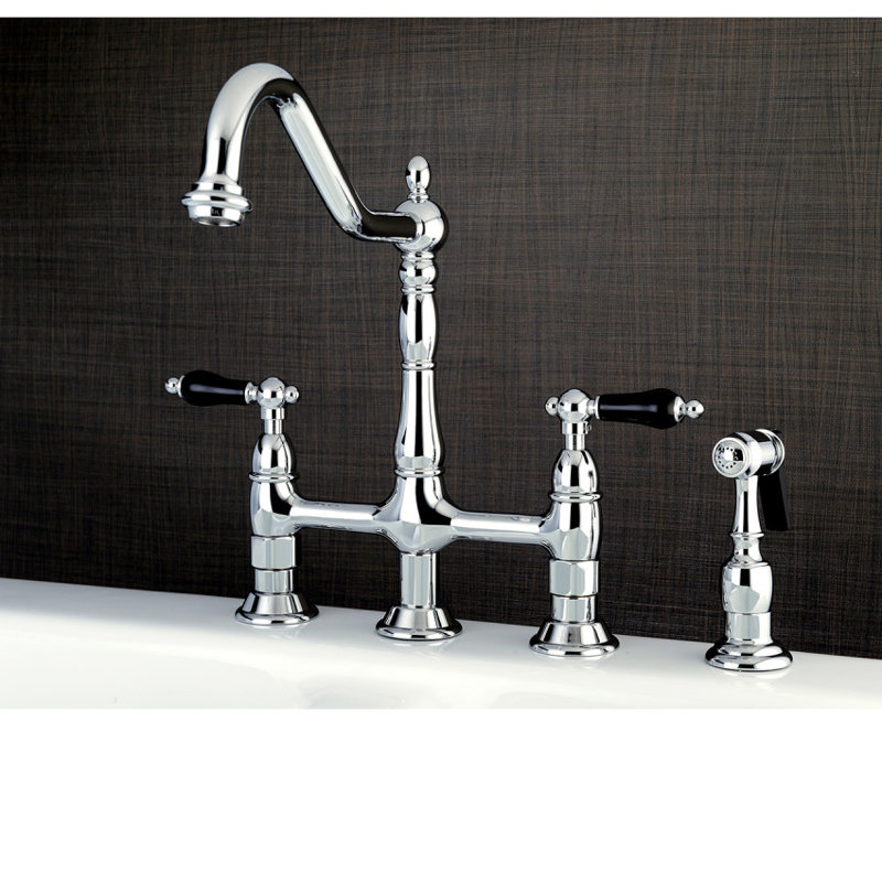 Kingston Brass Duchess Two-Handle 4-Hole Deck Mount Bridge Kitchen Faucet with Brass Side Sprayer, Polished Chrome