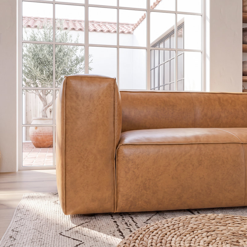 Canapé moderne en cuir véritable Latravion, Cuir véritable brun clair