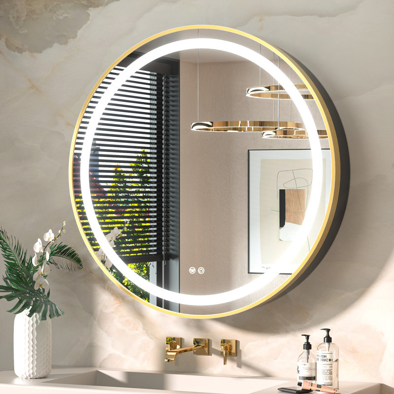 Gervon Lighted Surface Framed Round Medicine Cabinet Mirror Adjustable Shelf & AC Outlets, 30" H x 30" W x 4.7" D, Gold