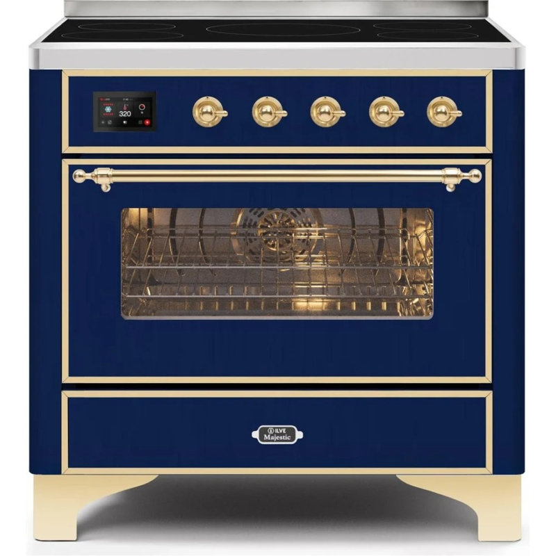 ILVE Majestic II Series 36 inch Induction Range with 5 Induction Elements (Glass Door), Midnight Blue/Brass