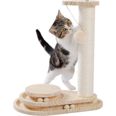 Cat Scratching Post Cat Scratcher Kitten Toys For Indoor Cats Wooden Ball Track Two-Layer Modern Sisal 17.7" Tall Scratch Post Interactive Toy With Dangling Ball