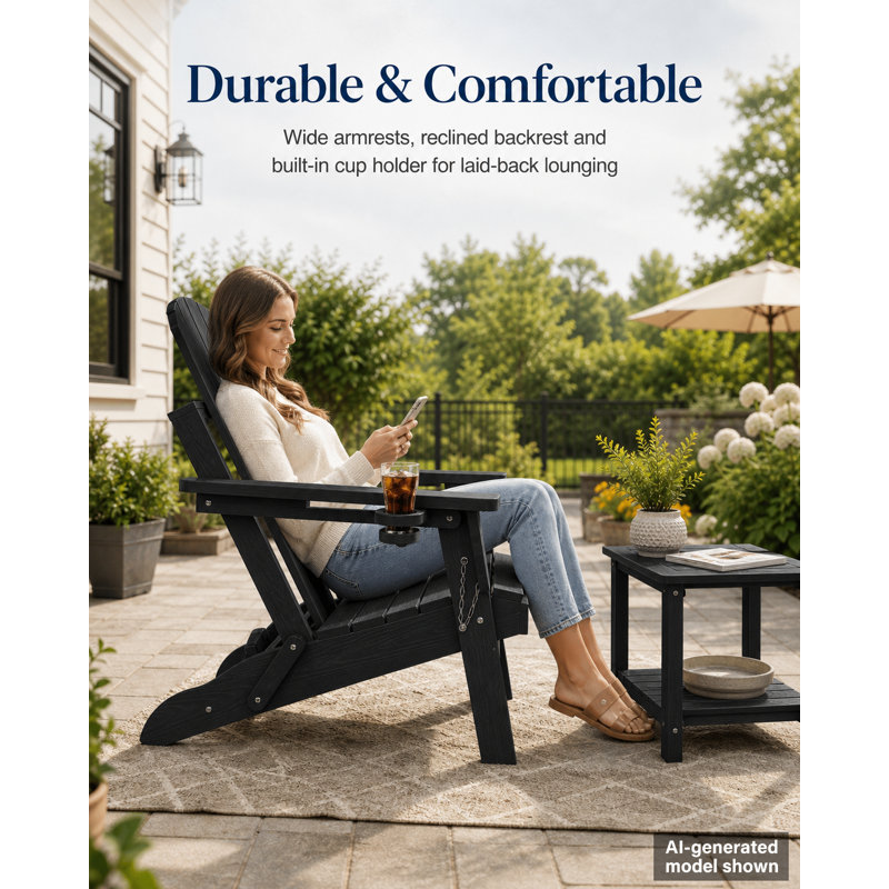 Chaise Adirondack pliable avec porte-gobelet, chaise longue d'extérieur résistante aux intempéries pour patio, porche, terrasse et pelouse, noire