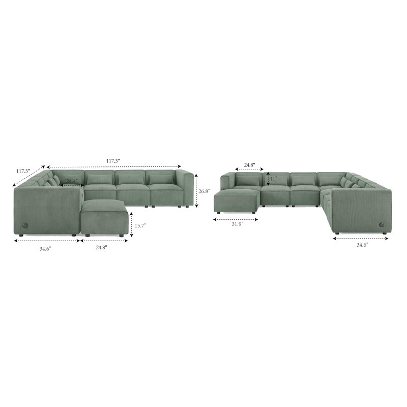 Quinterrious MINIMORE Modern Style 120" Wide Modular Corner Sectional with Ottoman and USB, Green Corduroy