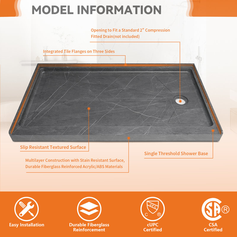 Threshold Rectangular Shower Base, Right, Matte Gray