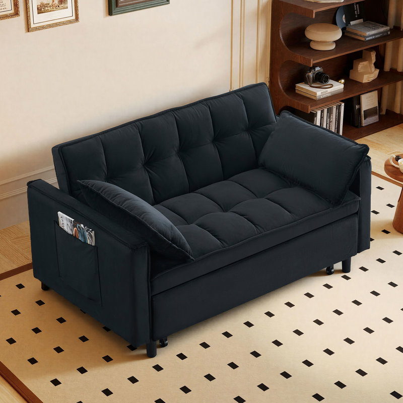 55'' Velvet Upholstered Reclining Convertible Sleeper Pull Out Sofa Bed with Side Storage Pockets, Multi-Functional Adjustable Backrest Couch