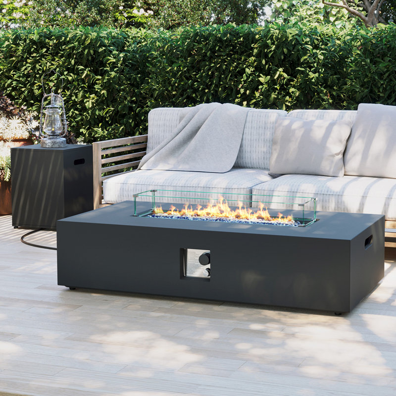  56-Inch Rectangle Iron Gas Fire Pit Table, Includes Tank Cover and Wind Guard, Gray