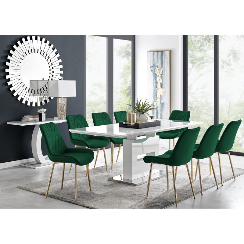 Areza High Gloss Extendable Dining Table Set with Luxury Velvet Dining Chairs, Green/Black, 9 Pieces: Table, 8 Chairs