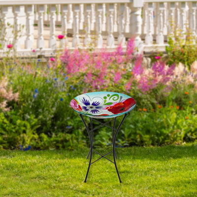 21" White And Blue Hand Painted Floral Glass Outdoor Patio Birdbath