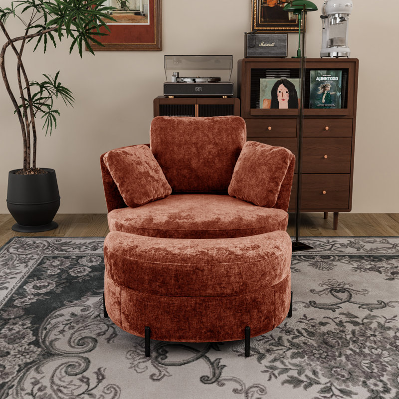 Fauteuil demi-tonneau pivotant moderne surdimensionné avec repose-pieds avec rangement, Chenille terre cuite