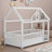 House Floor Bed with Heighten Rails and Roof, Solid Wood Toddler Montessori Floor Bed for Kids-182314541-173632410