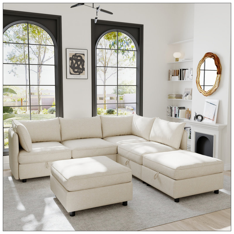 Clareville Modular Storage Sectional Sofa, 32" H x 129" W x 63" D, Beige Chenille