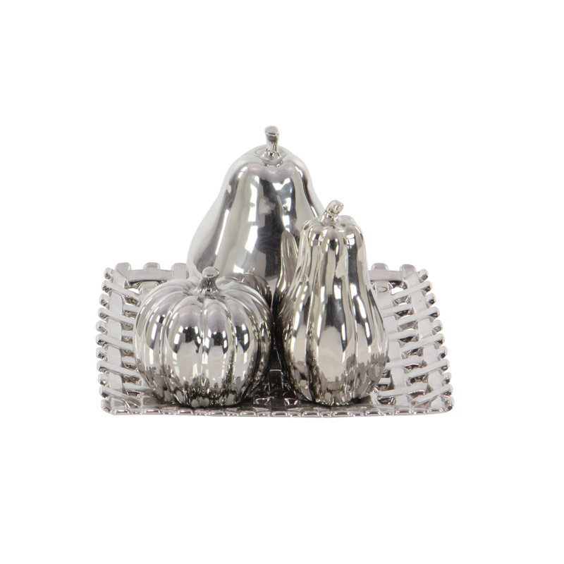 Silver Ceramic Fall Fruit Sculpture Set with Decorative Grid Plate
