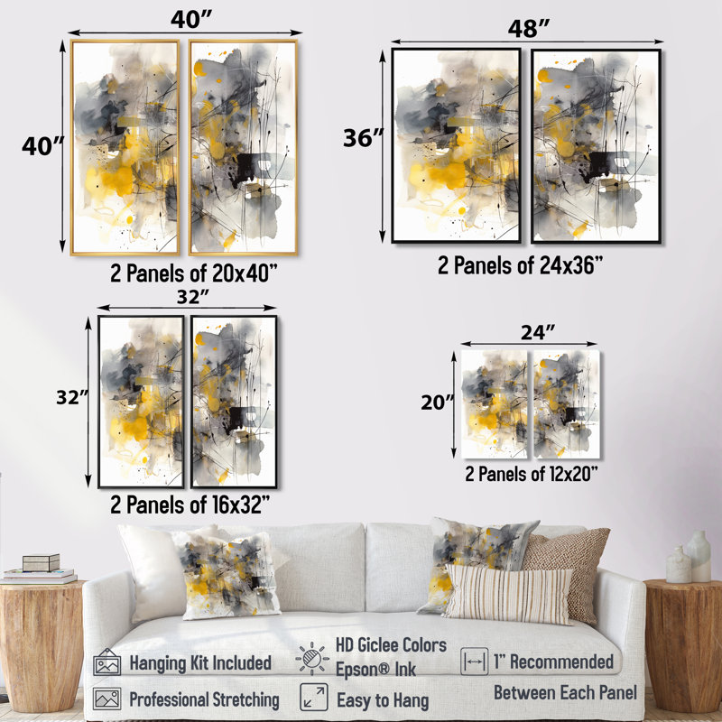 Jaune et gris au-delà de la toile II - art mural abstrait 2 panneaux, Black, 36" H x 48" W, Impression encadrée flottante