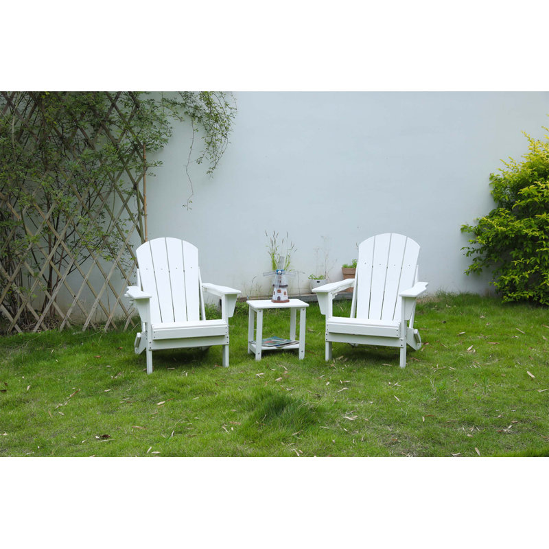 Folding Adirondack Chair Set with Side Table, Durable and Comfortable for All-Season Outdoor Use, White (2 Chairs and 1 Table)