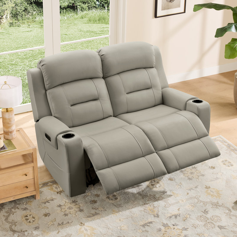 Ensemble de salon inclinable électrique en cuir véritable avec repose-tête électrique Olathe, Gris clair